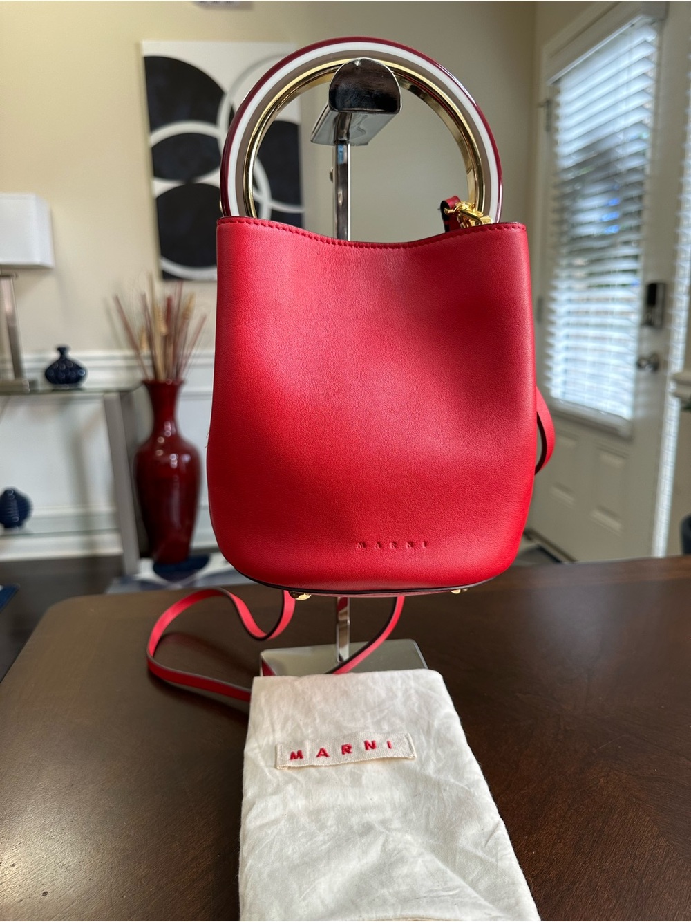 Marni Red Leather Mini Bucket Bag with Gold Handle Accents